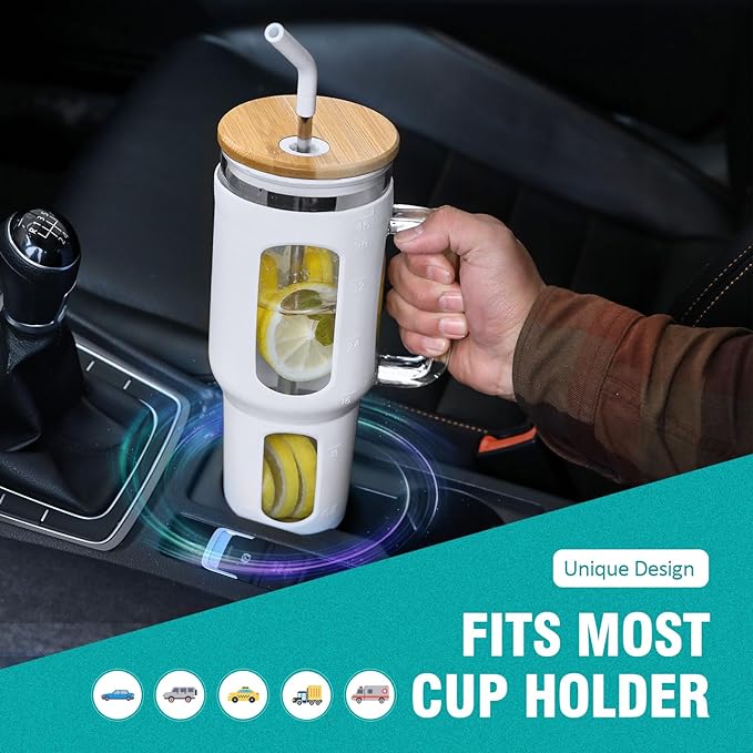 Glass tumbler with bamboo lid white in car cup holder