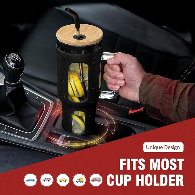 Glass tumbler with bamboo lid black in car cup holder