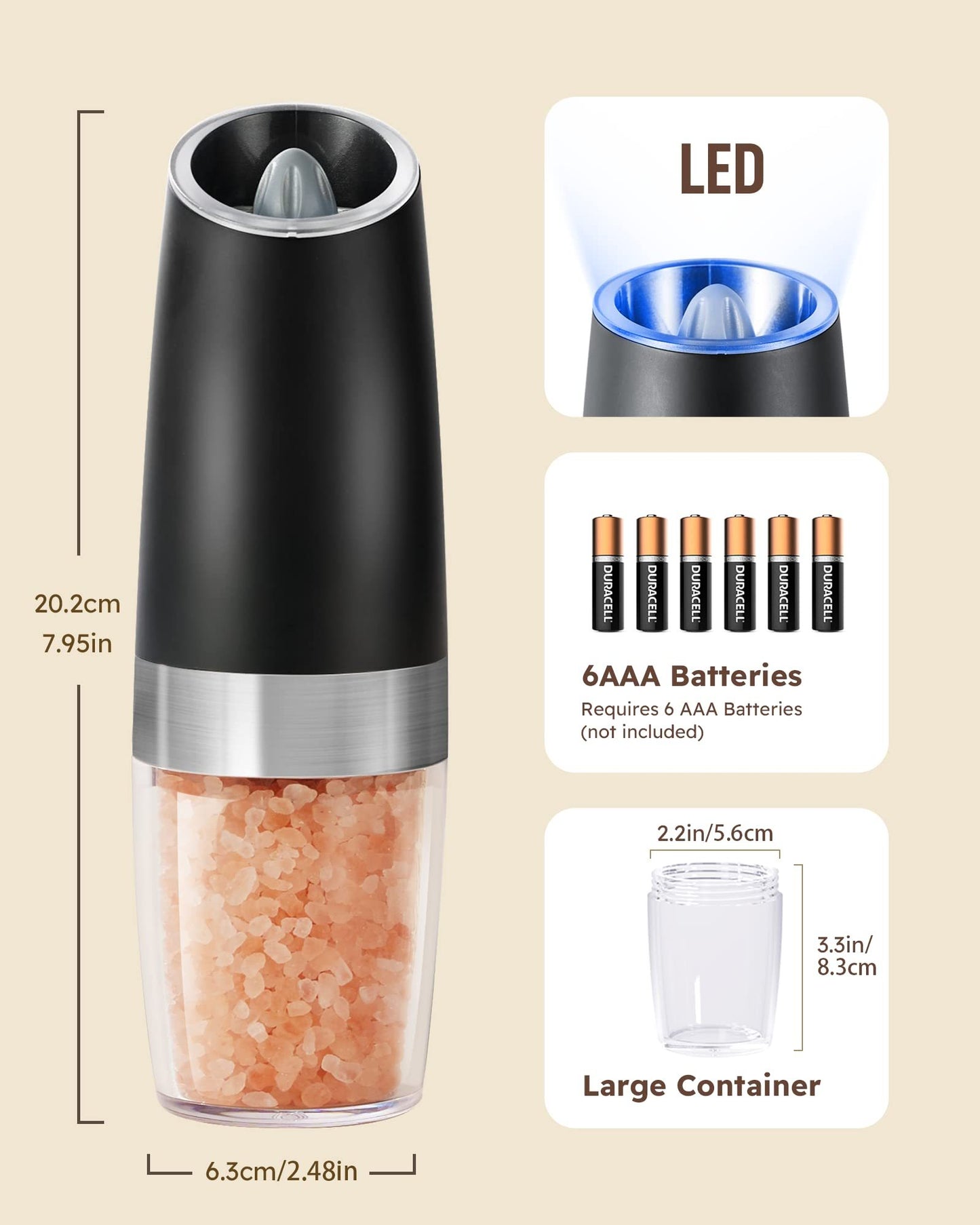 Gravity Electric Salt And Pepper Grinder Set Automatic Shakers Mill Grinder With LED Light, Battery Powered Adjustable Coarseness One Hand Operation, Upgraded Larger Capacity