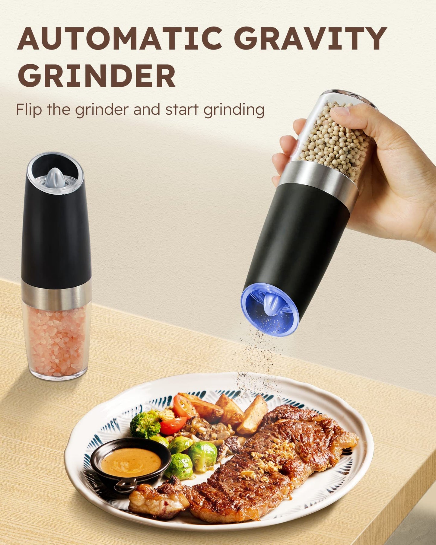 Gravity Electric Salt And Pepper Grinder Set Automatic Shakers Mill Grinder With LED Light, Battery Powered Adjustable Coarseness One Hand Operation, Upgraded Larger Capacity