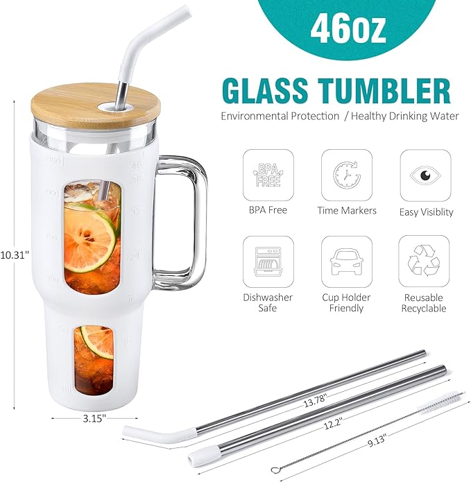Glass tumbler with bamboo lid white specs